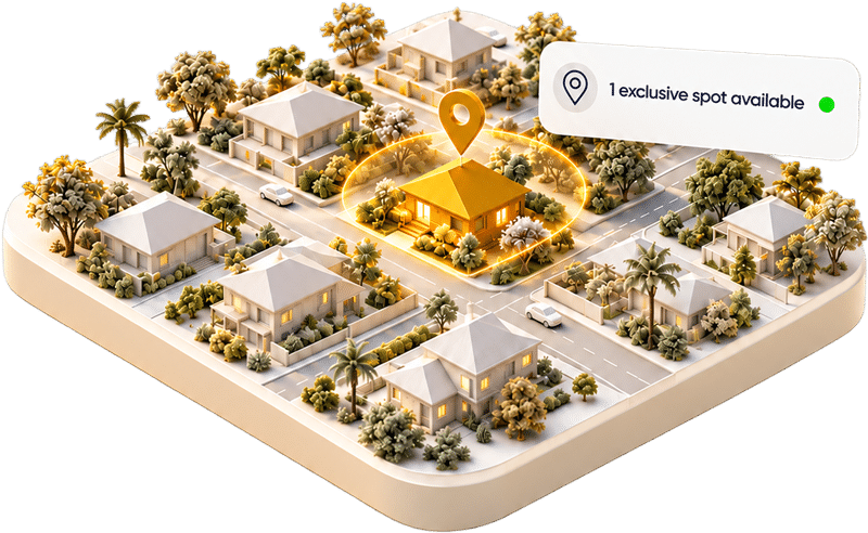 Isometric suburb model with one home marked and a tag reading one exclusive spot available